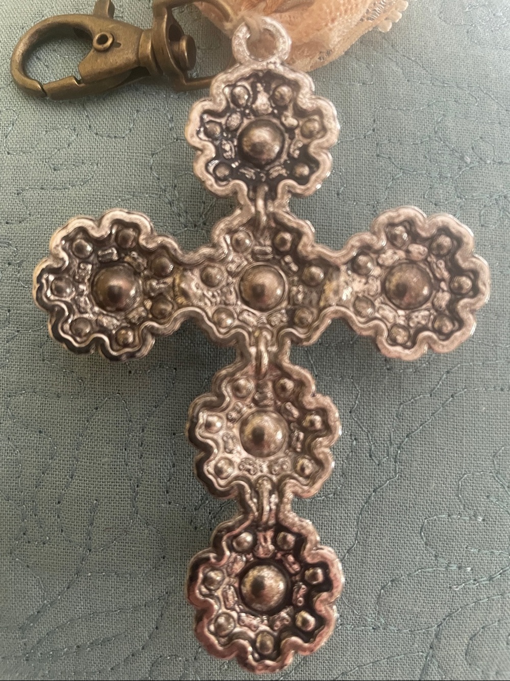 Boho Vintage Cross Pendant Necklace | Lace & Silk Ribbon Choker | Rhinestone - Picture 6 of 7
